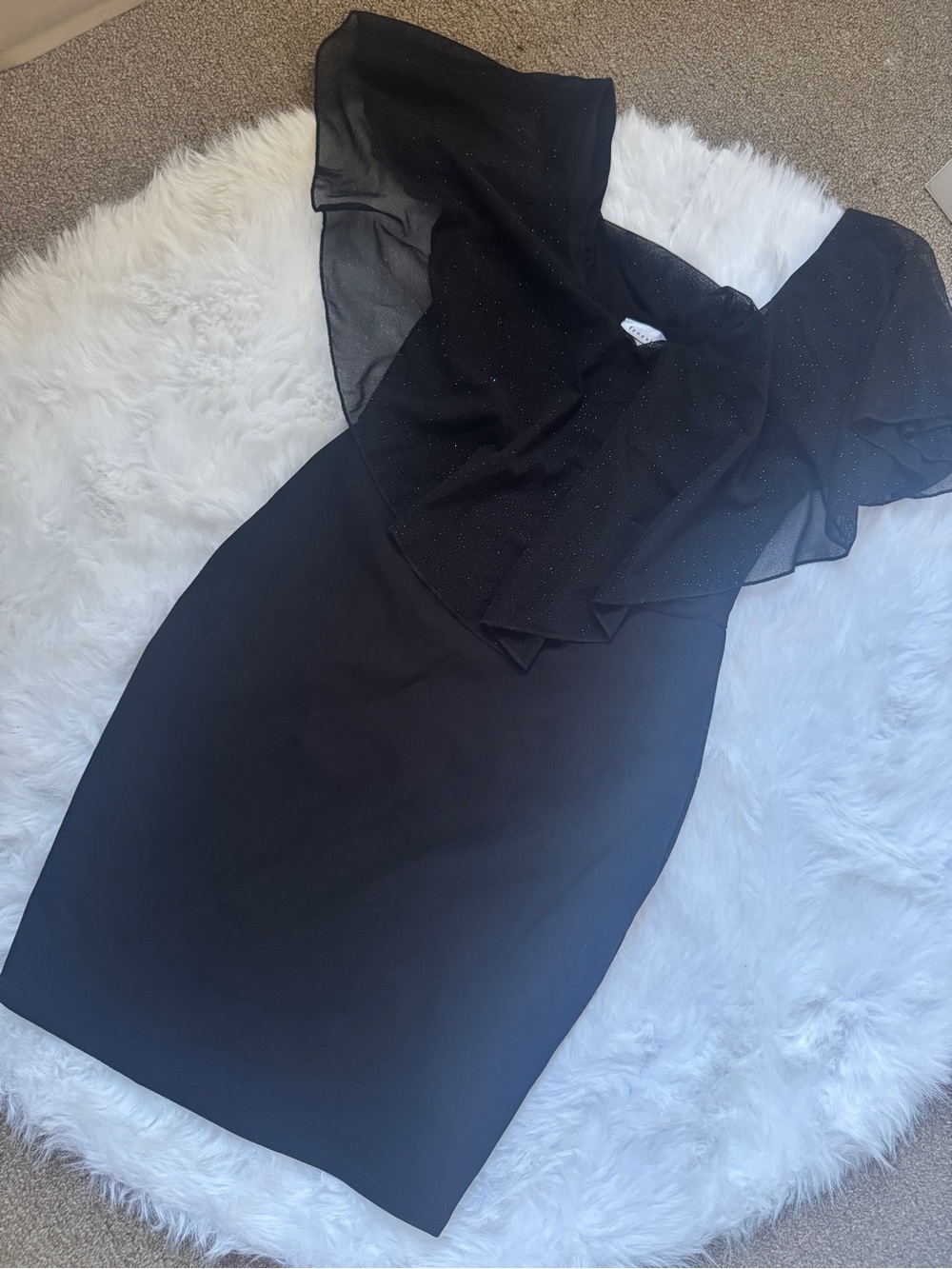 Freesia Elegant Black Midi Dress with Sheer Flutter Overlay